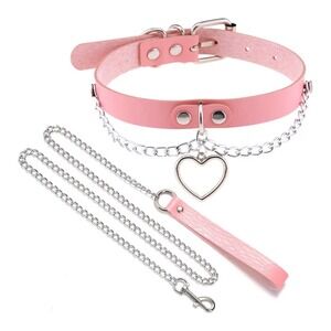 Pink Leather Choker Necklace with Heart Charm and Leash Set Women's valentines
